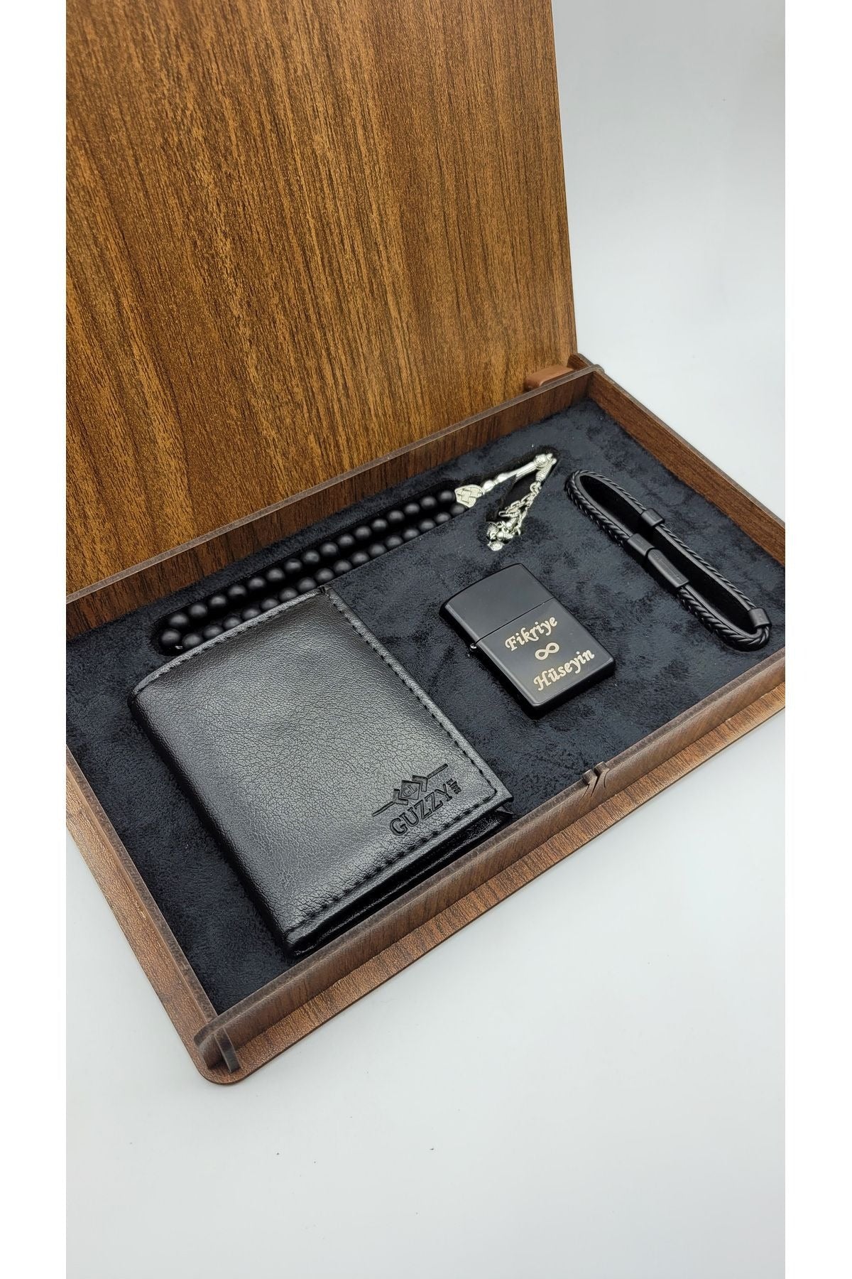 Tesbih Çakmak Cüzdan Bileklik Seti Ahşap Kutulu Kişiye Özel Yazı Yazılır