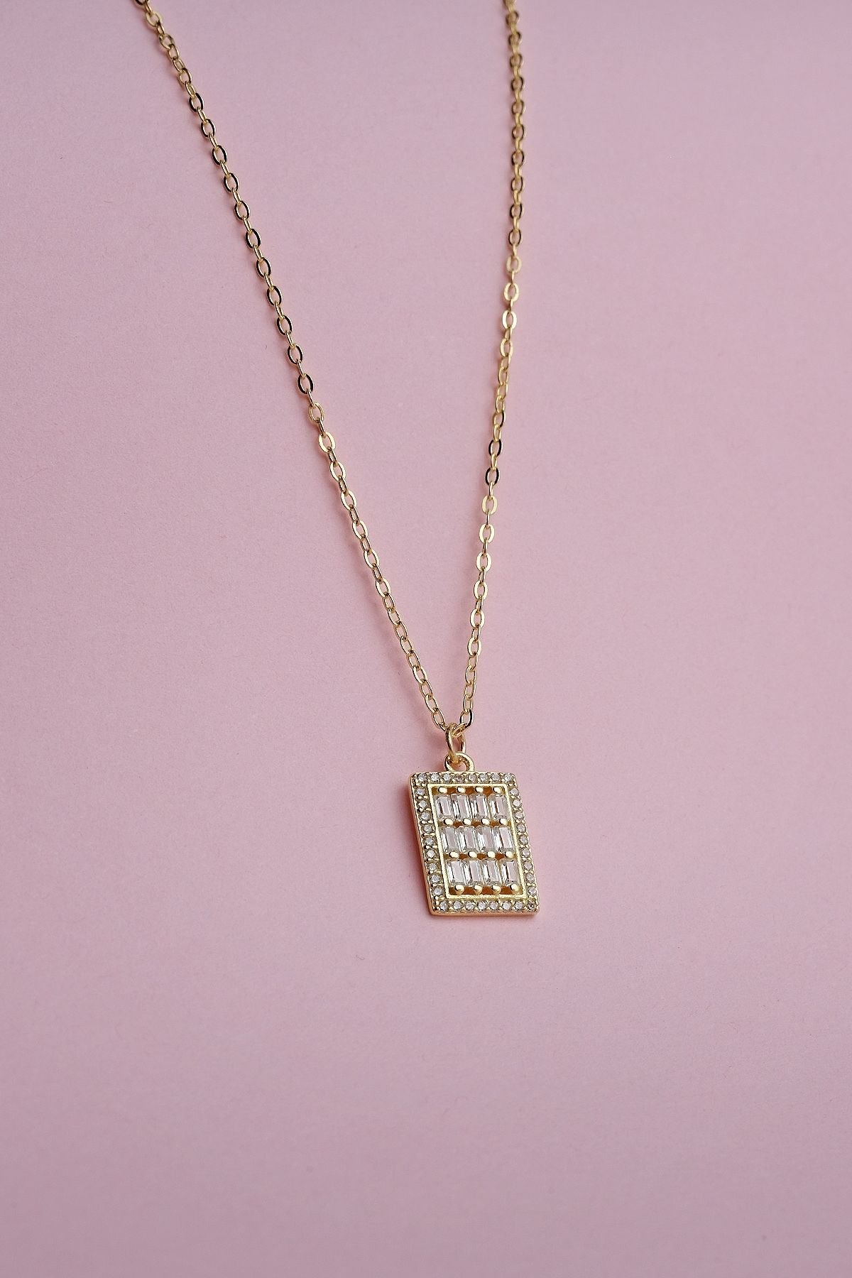 Gümüş Baget Taşlı Kolye Altın Yaldızlı Kadın Kolye 12 Taşlı